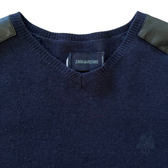 Zadig & Voltaire Peter Patch Navy Blue Wool Cashmere Leather Wolf V-Neck Sweater - Picture 3 of 10